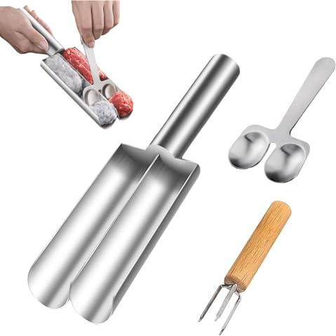 mumisuto Fleischbällchen Former, Hackbällchen Former 304 Edelstahl Meatball Maker mit Löffel und Gabel 9.4 * 3in Steaker Fleischzartmacher Fleischbällchen Maschine für Kochen (Duplex)