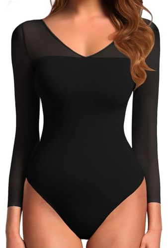 GJY Body Femme Manche Longue String Bodysuit Haute Élasticité Sexy Haut Top à col en V Justaucorps Suit