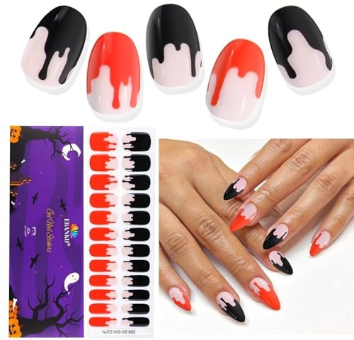 EBANKU 24PCS HalloweenUV Gel Nagelfolie, Nagelfolie UV Härtend | Nagelfolie Selbstklebend | Gel UV Stickers Nagelaufkleber fur Frauen Mädchen Halloween Nageldekoration(Schwarz-Rot French Blut)