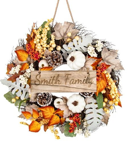 Personalized Door Wreath, Autumn Wreaths with Name Large 50cm/20inch Customized Front Door Decoration Fall Decorations, Autumn Maples Leaf Pumpkin Pine Cone Berry Wreath, Welcome Sign for Front Door