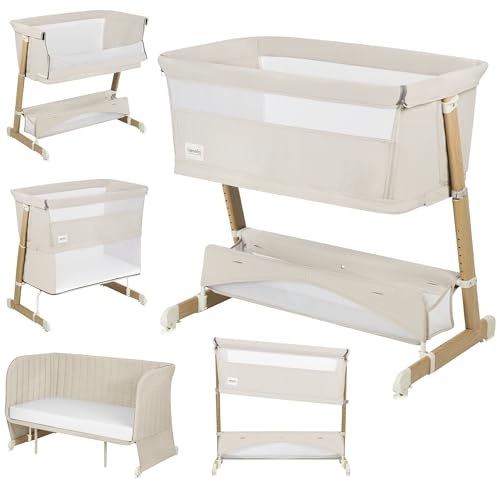 Lionelo THOMI Plus 5 w 1 Beistellbett, Kinderbett bis 9kg, Zustellbett, Reisebett, Laufstall bis 15kg, Sofa bis 100kg, höhenverstellbar, mit 2 Rollen und absenkbarer Seite Zustellbett