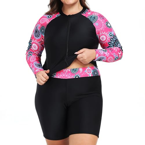 Owntop dam överdimensionerad rash guard | 2-delad UPF 50+ badskjorta | långärmad dragkedja rashguard-tröjor och pojkshorts med hög midja | snabbtorkande badkläder | simning surfing, röd, XXL plus size