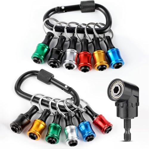 12 Pcs Drill Bit Holder Keychain, 1/4 inch Hex Quick Release Drill Extension Bit Holder Tools with Handly Carabiner, Portable Aluminum Alloy for Impact Driver, Nut Driver