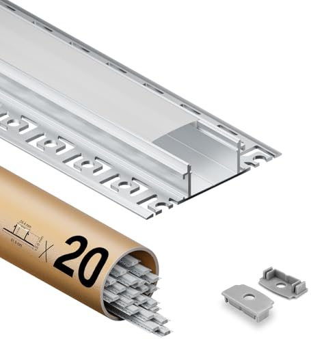 Shine Plus 20 x LED Fliesenprofil 2 m Lichtdiffusor-Schiene für Led‑Streifen, LED Unterputzprofil Breite 24,4 mm (mit Flügeln 61,8 mm) Höhe 12,5 mm, Innenbreite 20 mm, mit milchiger PC-Abdeckung