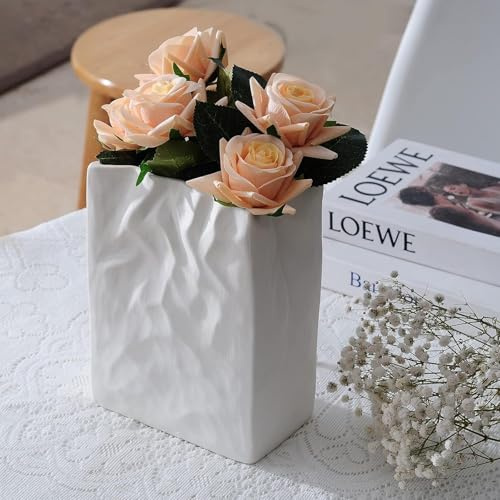 Vaso in carta stropicciata, vaso quadrato in ceramica bianca, unico e semplice, stile bohémien, per composizioni floreali, centrotavola, per decorazione interna moderna ed elegante