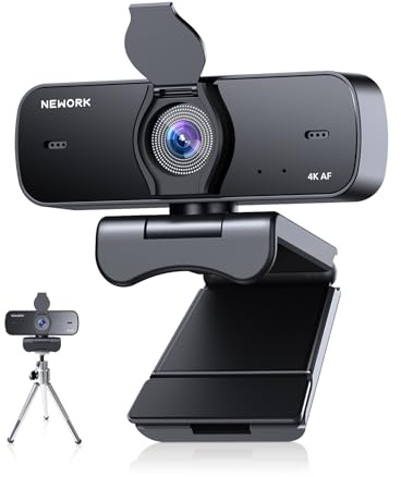 NEWORK 4K Webcam for PC with 2 Noise-Cancelling Microphones, Stable Auto Focus, Plug&Play Computer Camera for Online Teaching, Meetings, and Remote Communication (with Tripod)