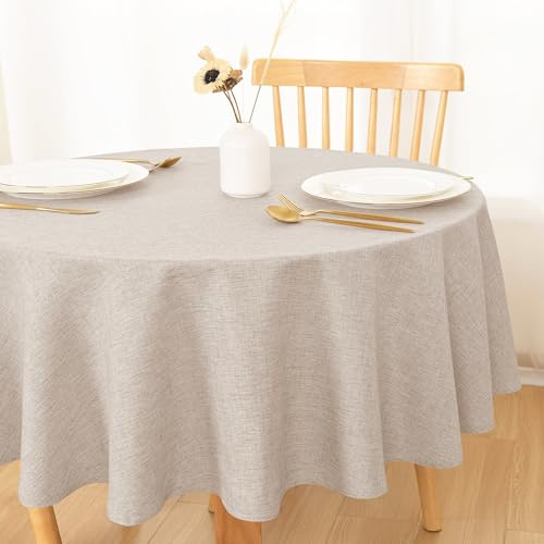 DWCN Sandfarbe Tischdecke Rund 140cm, Abwaschbar Tischdecke Leinenoptik