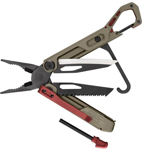Gerber Multi-Tool mit 10 Funktionen, Stakeout Spark, Camping-Tool mit Frame-Lock Verriegelung, Zange, Feuerstarter, Karabiner u.v.m., Coyote Brown, 1070226