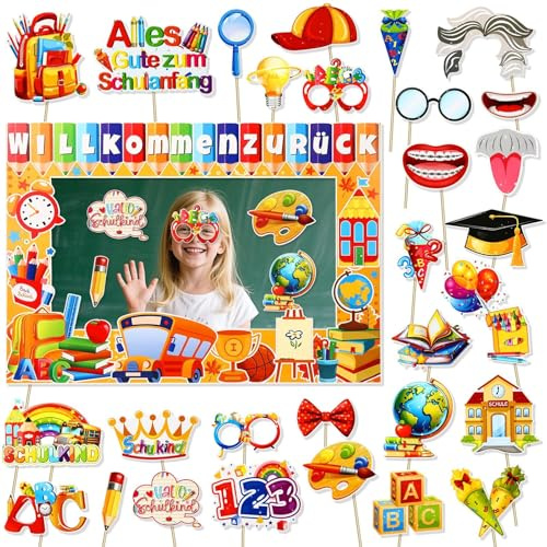 JULBEAR Schulanfang Deko, 31 Stück Einschulung Foto Requisiten Schulanfang Papier Fotorahmen und Fotobox Accessoires Lustige Schuleinführung Deko für Jungen und Mädchen