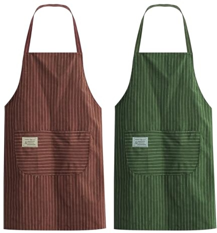 Mokaskaidj Delantal Cocina Mujer, 2 Piezas Delantal de Cocina Antiincrustante con Bolsillo, Delantales de Algodón por Rejilla a Rayas, Delantales Ajustables para Cocina Restaurante Bbq Jardín, Unisexo