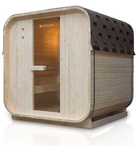 Artsauna Fasssauna Nolvik L, Outdoor-Sauna aus Fichtenholz, 6 kW Ofen, LED, Komplettset mit Sanduhr, Eimer & Thermometer, Winterfest, Cube Design