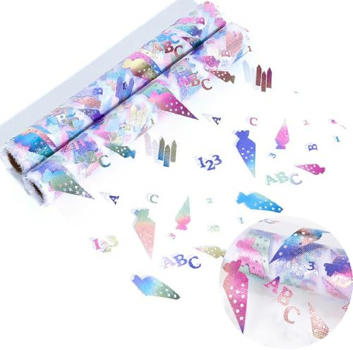 12M Tischläufer für Einschulung,BetterJonny Schulanfang Deko Schuleinführung Tischdeko Tischband mit Zuckertüten123 ABC Motiv Schule (1200cmx28cm)