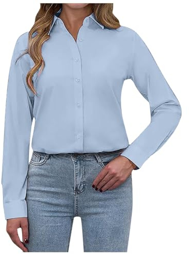 Generisch 2025 Mujeres sin arrugas de manga larga sólido trabajo botones de negocios camisas blusa con cordones damas, azul, 4XL