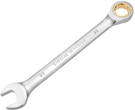 sourcing map Llave combinada de trinquete de 23 mm métrica de 12 puntos CR-V de acero cromado, doble caja, llaves de trinquete de extremo abierto con 72 dientes y herramienta de llave de engranaje
