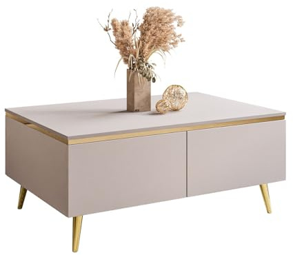 Lookway Couchtisch Aurora Kaschmir Matt mit Stauraum, auf goldenen Füßen und Goldener Dekorleiste – Modernes Wohnzimmermöbel (schräge Gold Chrom Beine)