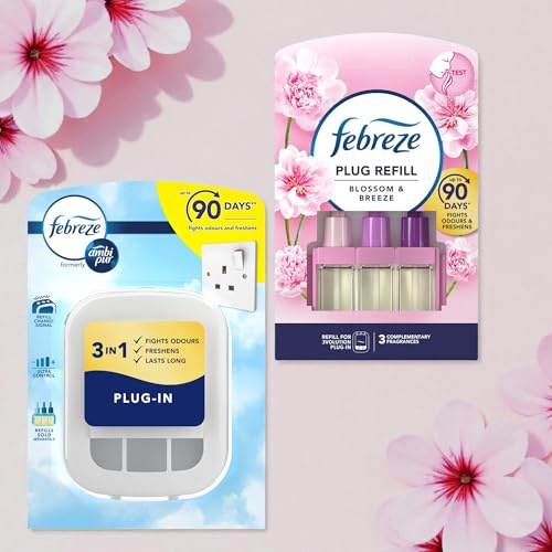 Febreze 3Volution Air Freshener Starter Kit - 1 x PLUG IN DEVICE and 1 x REFILL Bundle, Odour Eliminator for Home & Office - BLOSSOM BREEZE Scent 20ml