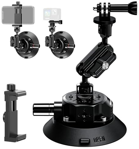 CAMBOFOTO Saugnapfhalterung mit Magic Arm für Handy und Actionkamera | 11,5-cm-Vakuumsauger, Kugelkopf und Gelenkarm, für Auto, Glas, Smartphone, Kamera und Actionkamera