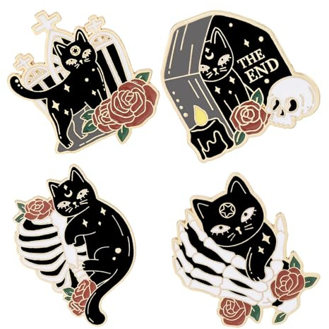 Abaodam Lot de 4 set de Broches Halloween en Métal Alliage Broches Chat Noir et Rose Cartoon Accessoires Costume et Paquet à Dos Épingles Décoratives pour Pulls et Vêtements Festifs