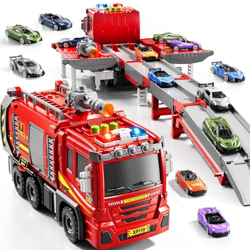 DULONIME Fire Trucks for Toddlers, Firetruck Toys for Toddlers 3-5 | Folded Carrier Truck Race Track with 6 Racing Car Toys, Light Sound, Birthdays for Kids Girls Aged 3-9