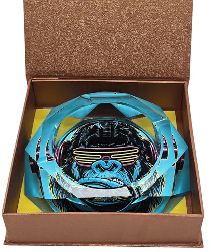 Zactly - Decorative Glass Ashtray Set, Heavy Duty Crystal Cigarette and Cigar Ash Tray with Colourful Artistic Designs, Deep Bowl Square Tabletop Ashtrays for Home, Office, Bar – Gift Box (Gorilla)