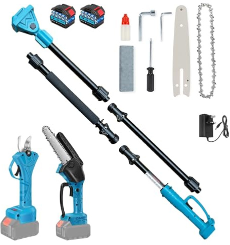 Kit Potatura Elettrico 3 in 1 con Asta Telescopica 2 M, Forbici, Motosega 6”, 2 Batterie, Attrezzi Giardinaggio,Cesoia,troncarami,Rami, Alberi, Giardino, Vigneti, Orti