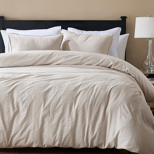 R.SHARE Jacquard Bettwäsche 200x200, Seersucker Ähnlich wie Leinen Bettwäsche Sets, Weiche Gewaschene Gestreifte Bettbezug mit Reißverschluss 2 Kissenbezug 80x80cm, Beige