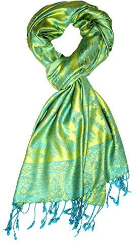 Lorenzo Cana Marken Damen Schal Schaltuch Stola Umschlagtuch Naturfaser opulentes Muster in harmonischen grün Farben mit Fransen 70 cm x 200 cm - 7806511