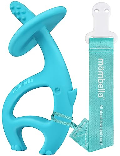 Baby Teething Toys for Babies 3-12 Months with Attachment to Clip, Mombella Elephant Baby Teether Toys 6 Month Old, Soft Silicone Infant Chew Toy 9 Months Teething Relief, Ideal Newborn Gifts, Blue