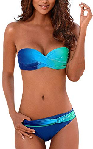xxxiticat Women's Sexy Strapless Bikini Sets Bandeau Twist Front Padded Gradient Colorful Two Piece Bathing Suit Swimsuit(BE,XL)
