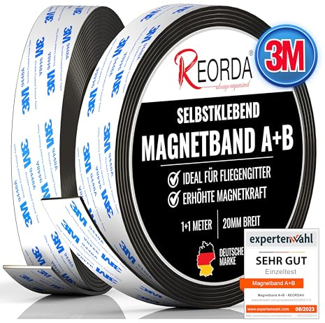 Reorda® Magnetband A B - (STARKER MARKEN-KLEBER) Magnetstreifen für Fliegengitter & Moskitonetze für beste gegenseitige Anziehung - Magnetband selbstklebend
