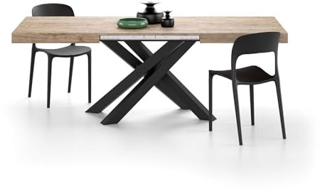 MOBILI FIVER, Ausziehbarer Esstisch Emma 140(220) x90 cm, Eiche mit Schwarzen gekreuzten Beinen, Made In Italy