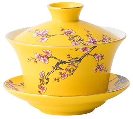 Eplze® Tech Große Gaiwan Teetasse und Untertasse aus Porzellan, Kung Fu mit Deckel, traditionelles chinesisches, Sancai Teeschale, geprägtes Pflaumen-Muster, Gelb