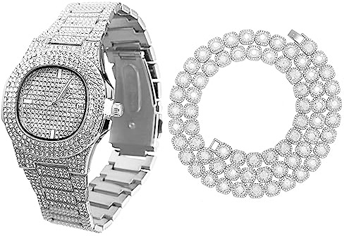 Halukakah Diamant Golduhr für Männer,18k Echtgold/Platin Weißgold Plattiert Quarz Armband 24cm Ovales Zifferblatt,mit Diamant-Cluster Tennis-Ketten Halskette Armband-Set Optionen,mit Geschenkbox