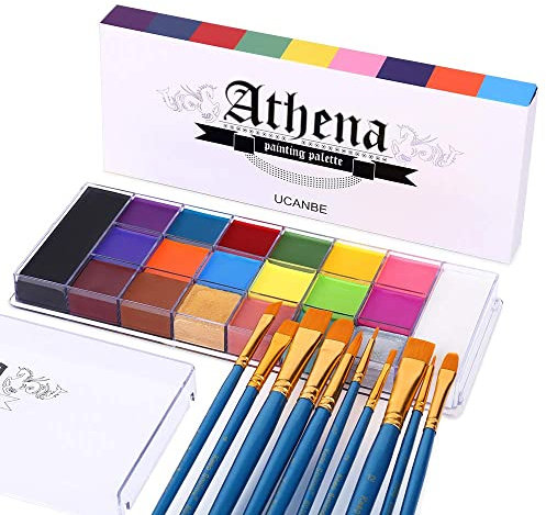 UCANBE Körperfarben Set 20 Farben mit 10 Pinseln, Athena Face Paint Hohe Farbwiedergabe, Halloween Gesichtsfarbe für Theaterschminke, Kinderschminken, Babybauch Bemalen, Schminke Karneval