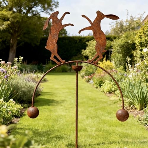 GAP GARDEN PRODUCTS - Boxing Hares Double Ball Wind Rocker/Spinner supplied bare metal that can be painted or left to age over time to give a rustic patina finish