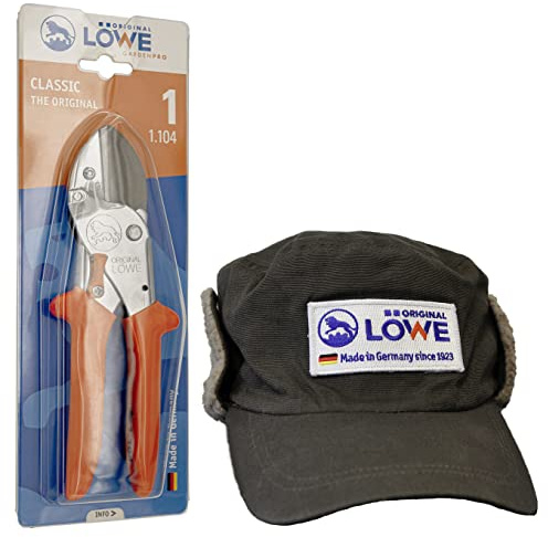 Original LÖWE 1 tijeras de podar profesionales de yunque 1.104 con hoja de acero inoxidable y revestimiento antiadherente y gorro de invierno con forro cálido, ideal para jardinería en invierno