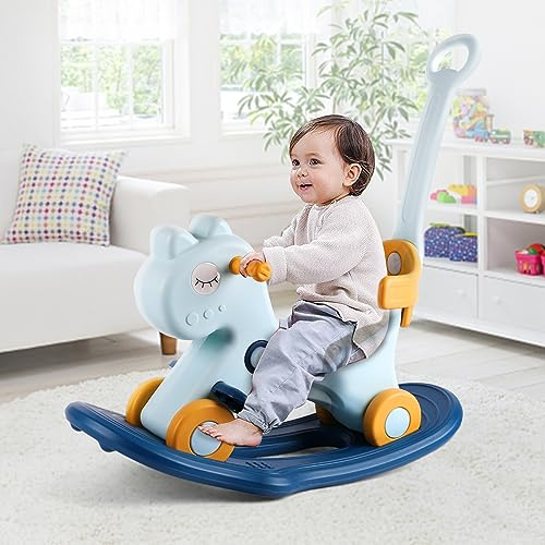 LLparty 4 in 1 Rocking Horse for Toddlers 1-3 Years Old, Baby Rocking Toy Fun Birthday Gift for 1+ Boys, Ride on Toy with Detachable Balance Board and Footrest, Balance Bike with Push Handle, Blue