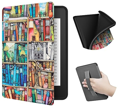 ERUNTO-fodral för Kindle Paperwhite/Signature 6,8 – Slitstarkt TPU-omslag med bekväm tygtextur, handrem på baksidan och magnetiskt lock med automatisk väck/sömn-funktion(Bookshelf)