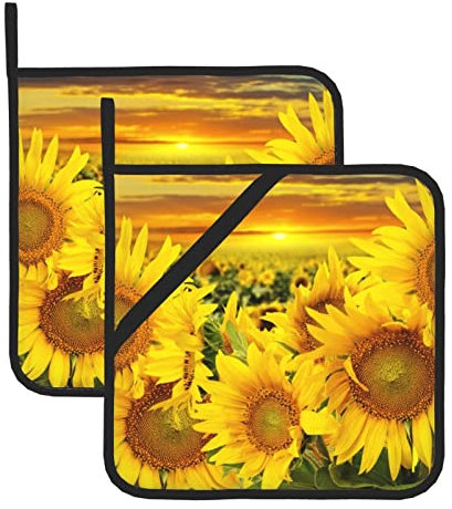 Set di 2 presine resistenti al calore con tasca per cottura in cucina, forno, forno a microonde (20,5 x 20,5 cm), motivo girasole