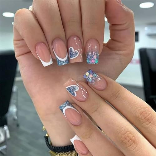 24pcs Medium Square False Nails French Tip Stick on Nails Heart Design Glitter Blue Sequin Press on Nail Removable Glue on Full Cover Fake Nail Art Accessories for Women