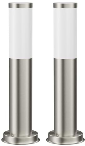 ledscom.de 2 Stück Pollerleuchte PORU für außen, edelstahl, rund, 39 cm, inkl. E27 Lampe, Energieeffizienzklasse A (warmweiß, 4W, 935lm)