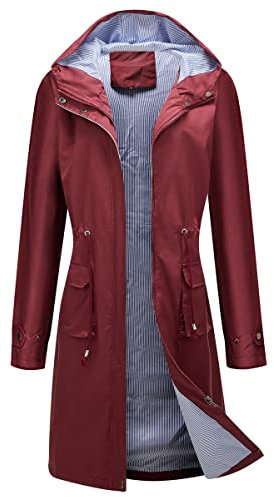 MODFUL Veste imperméable à manches longues pour femme - Coupe-vent à capuche - Léger et coupe-vent, Rouge vin-long, XXL