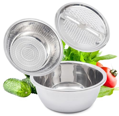 TESUGN Multifunctional Stainless Steel Basin Drain Basket Vegetable Cutter, 3 in 1 Multifunctional Bowls Set, Kitchen Gadgets Vegetable Slicer Salad Maker Bowl for Vegetable Fruit Food Preparing, 28cm