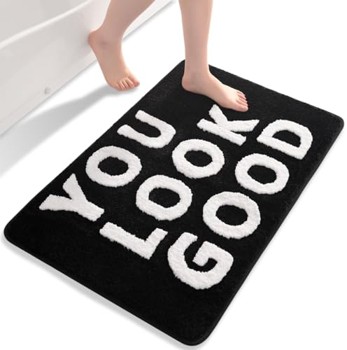 QJHOMO Schwarz und Weiss Badezimmerteppich Groß Badematte rutschfest Waschbar Badteppich niedlich Badezimmer Deko Flauschig Badvorleger Weiche Mikrofaser Absorbierende Bad Teppich 55 x 81 cm