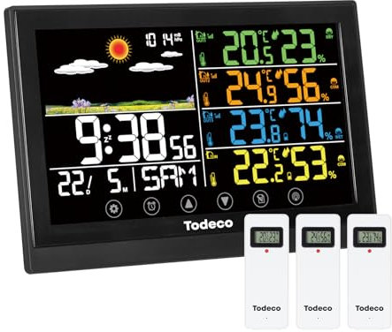 Todeco Station météo sans fil avec 3 capteurs extérieurs - Thermomètre numérique LCD - RCC - Humidité Baromètre Réveil Prévisions météorologiques et Snooze Affichage Heure Date