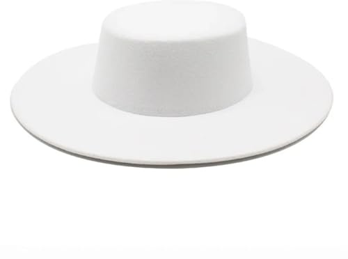 Unisex-Fedora-Hut mit großer breiter Krempe, Derby-Hochzeit, Jazzhut, flache Oberseite, Filzhut, weiß, 6 7/8-7 1/8