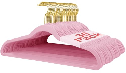 Wellong Kleiderbügel Samt, 45 cm Rutschfeste Filz Bügel, Stabile Anzugbügel mit Schulterkerben, Platzsparende Kleiderbügel für Mäntel, Hosen, Silbe, 36 Stück – Rosarot mit Goldene Haken