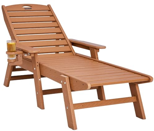 VEVOR Poltrona da Giardino per Esterni, Portata 204 kg, Lettino da Giardino Regolabile con Schienale 6 Posizioni, Sedia in HDPE con Portabicchieri per Piscina, Terrazza, Prato, Cortile, Marrone