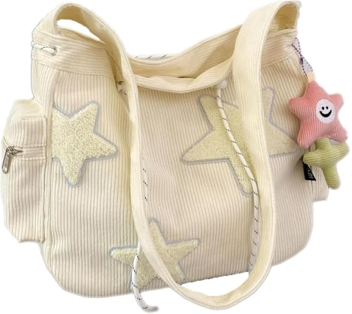 Cord Damen Umhängetasche, Crossbody Messenger Bag, Süße Stern Handtasche, Groß Vintage Einkaufstasche für Studenten Mit Anhänger