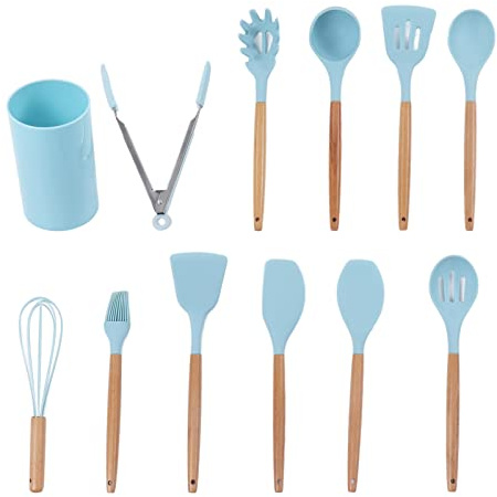 CDQL 12PCS Light Blue Kitchen Utensil Set, Practical Non Stick Cooking Utensils, Comfortable Handle Silicone Kitchenware for Home